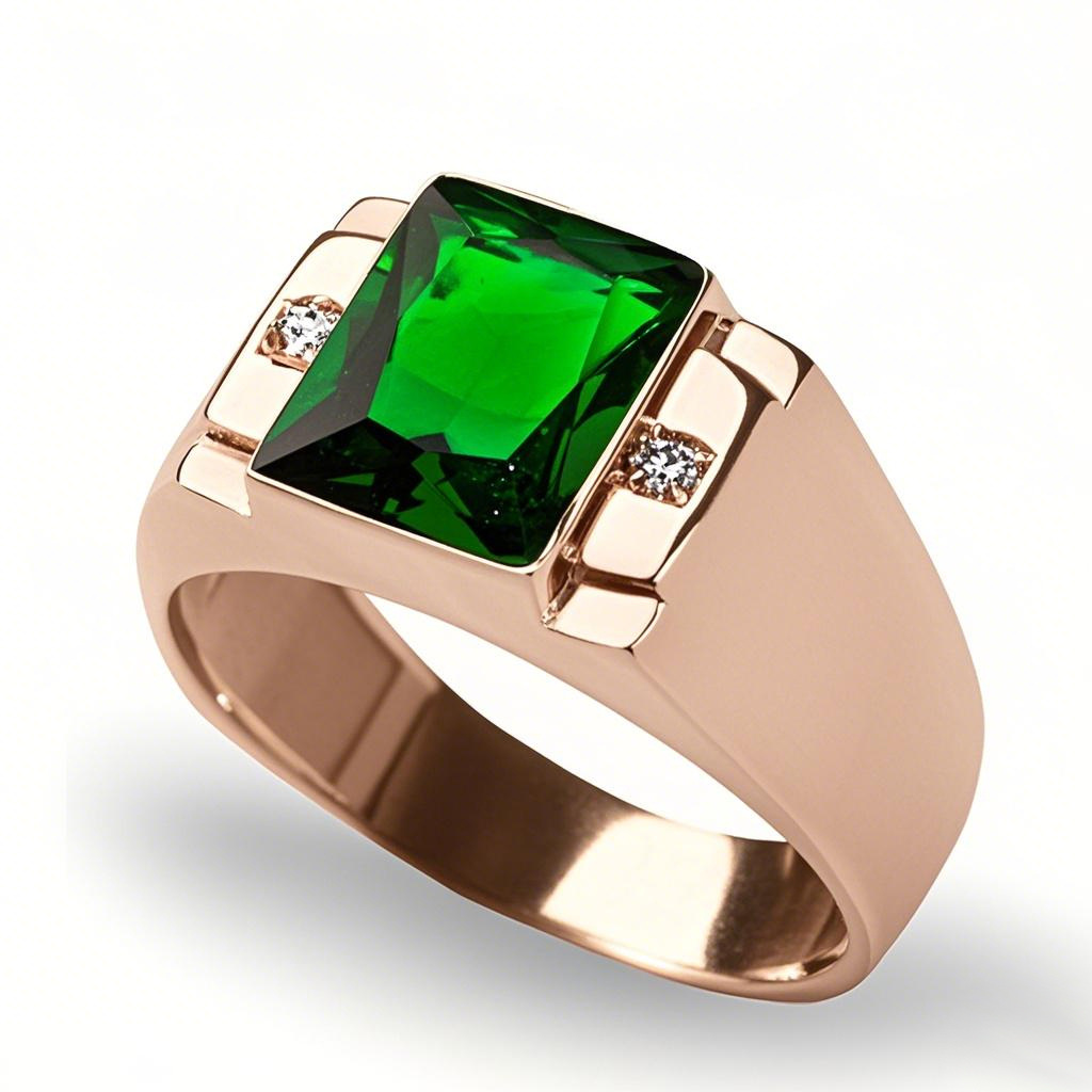 Anillo de tres piedras con esmeralda de corte princesa en oro rosa de 10 quilates y dos diamantes. Regalos para él. Joyería fina para hombre.-1