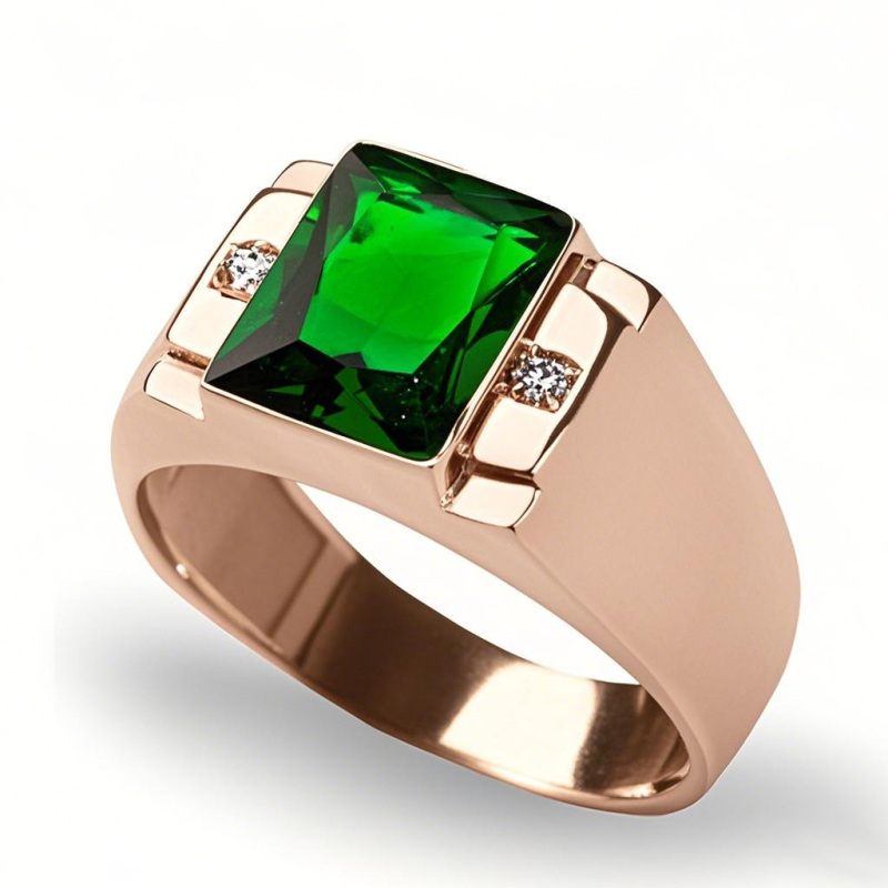 18K Rose Gold Princess Cut Emerald & 2 Diamond Accents Three-Stone Band Gifts for Him Men’s Fine Jewelry-1