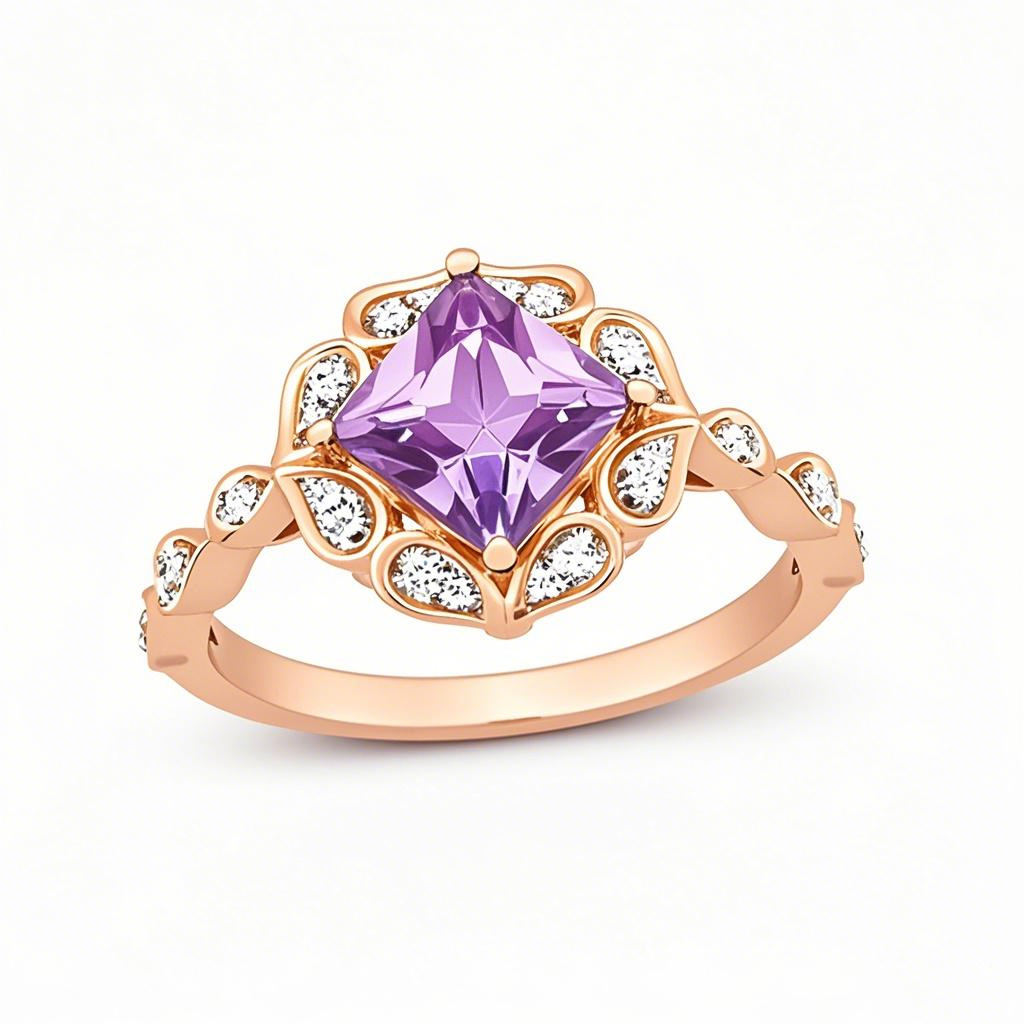 Anillo de compromiso personalizado con flores de corte princesa en oro rosa de 10 quilates y piedras preciosas-1