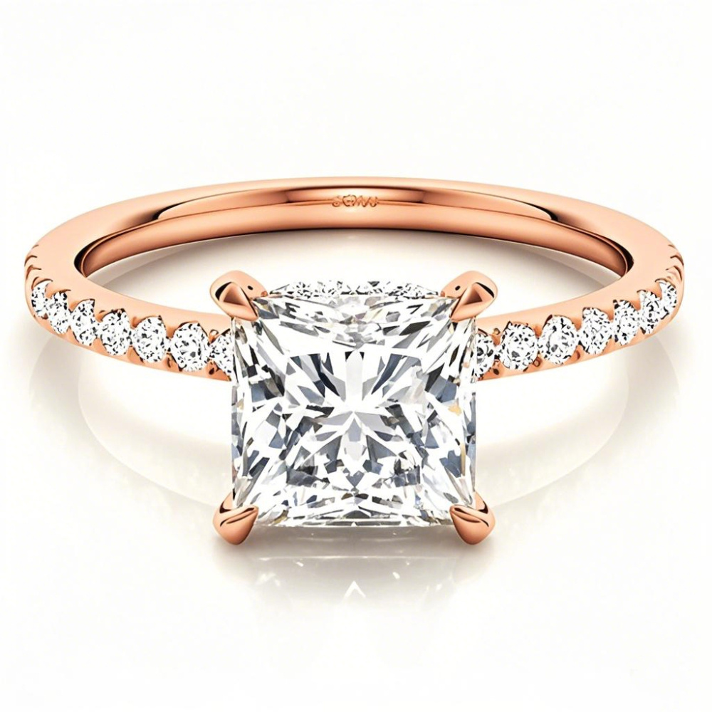Anillo de compromiso de moissanita con halo de corte princesa en oro rosa de 14 quilates-1