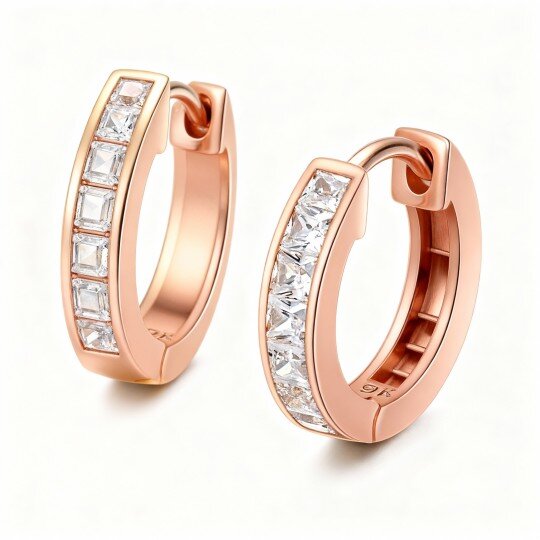 9K Rose Gold Princess Cut Cubic Zirconia Hoop Earrings