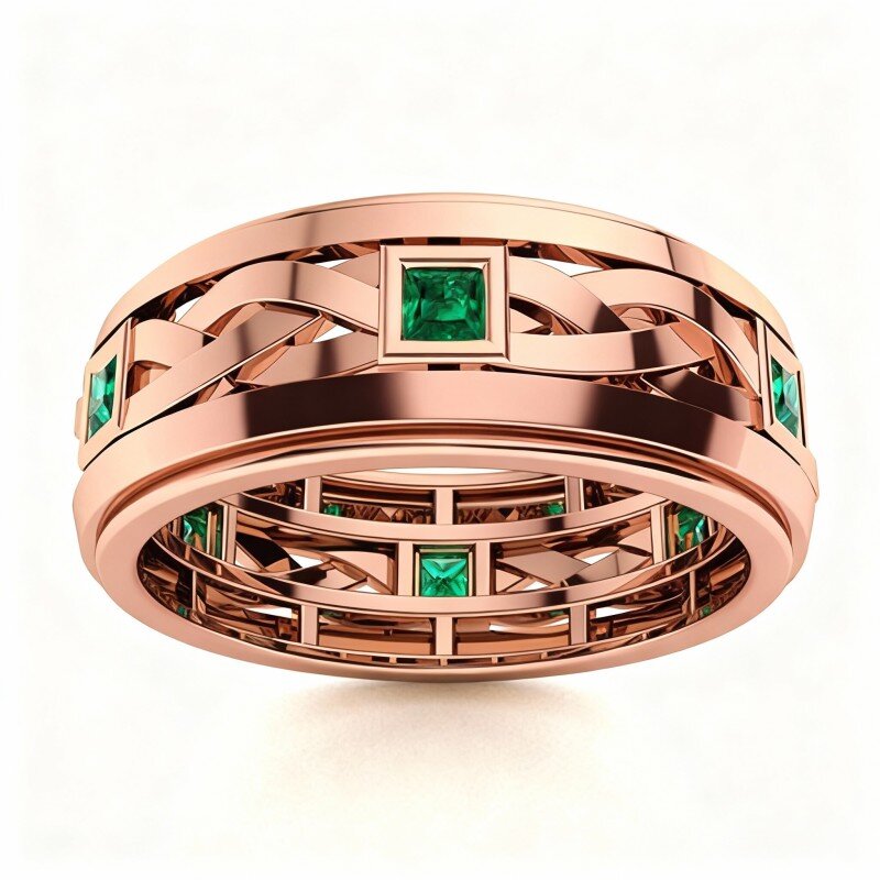 18K Rose Gold Princess Cut Lab Created Emerald Wedding Ring for Men-1