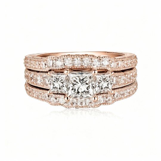 Zestaw ślubny z moissanitem w szlifie księżniczki z 10-karatowego różowego złota z grawerunkiem