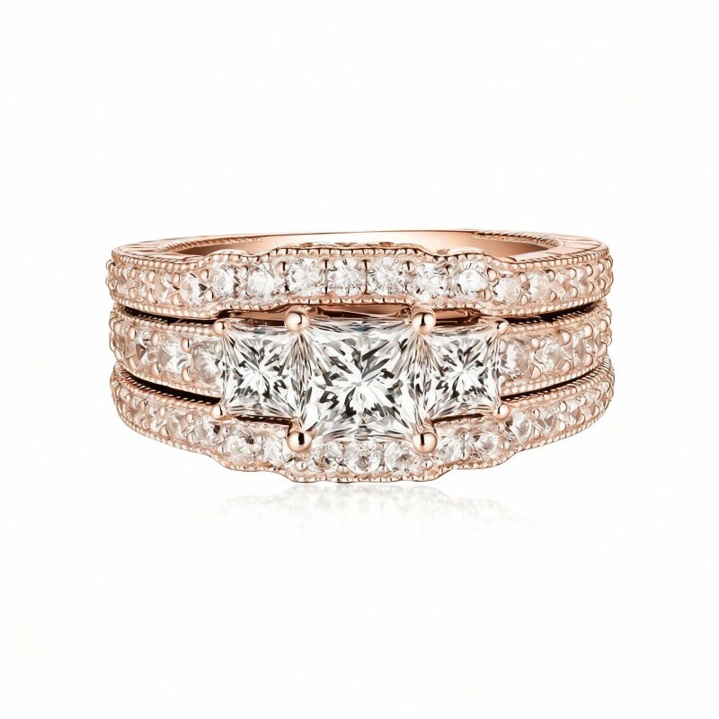 Conjunto nupcial con grabado personalizado en oro rosa de 10 quilates y moissanita talla princesa.-13