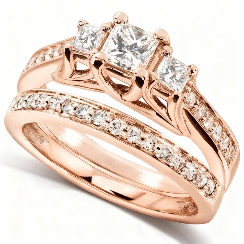 10K Rose Gold Princess Cut Moissanite Bridal Set-1