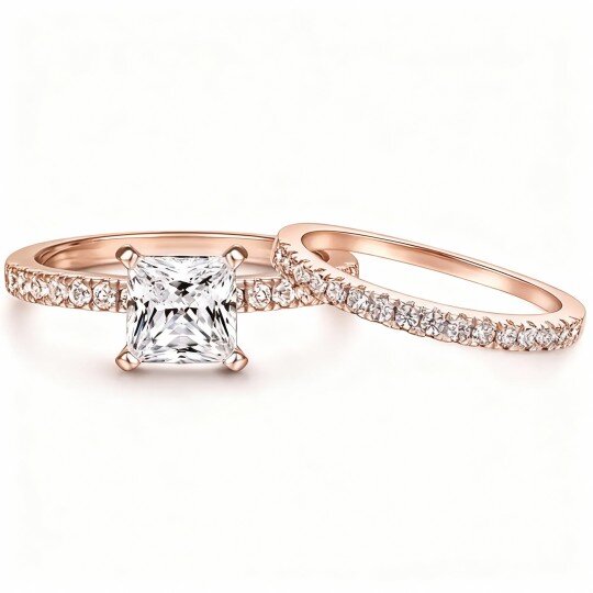 Anillo de compromiso con grabado personalizado en oro rosa de 10 quilates con moissanita talla princesa