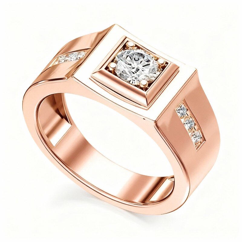 Anel masculino personalizado com gravação em ouro rosa 14K e moissanita de corte princesa.-1