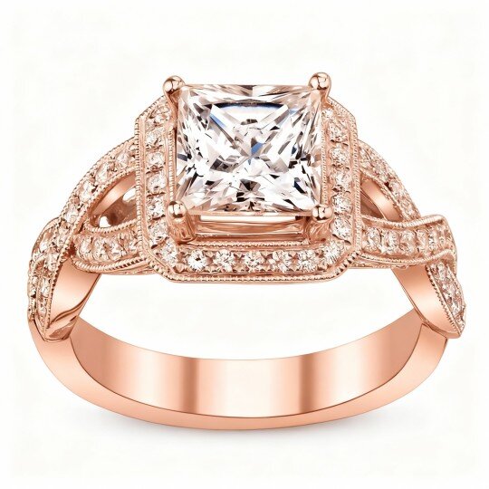 Anel de Noivado Quadrado Personalizado com Zircónia Cúbica de Corte Princesa em Ouro Rosa 10K com Pedra de Nascimento e Design Personalizado