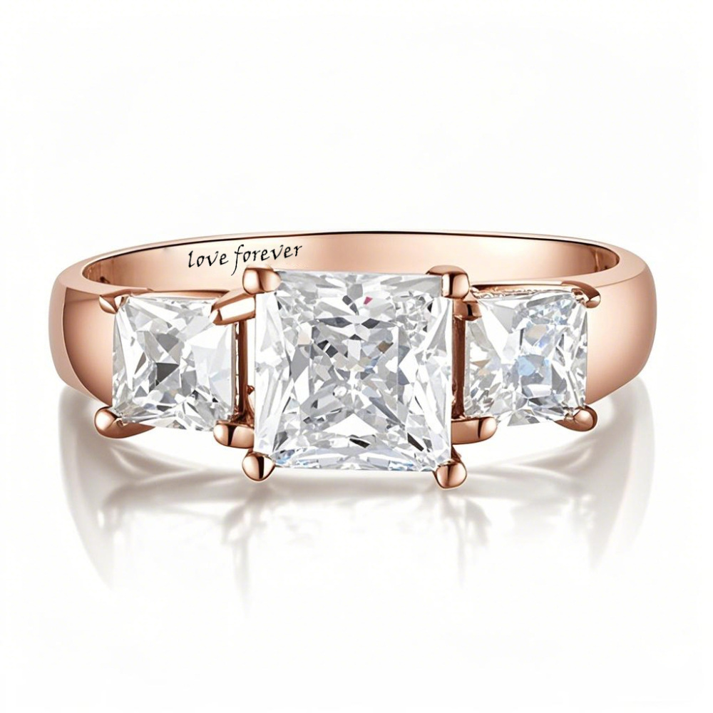 Anel de noivado quadrado de moissanite em forma de corte princesa em ouro rosa 10K com palavra gravada-1