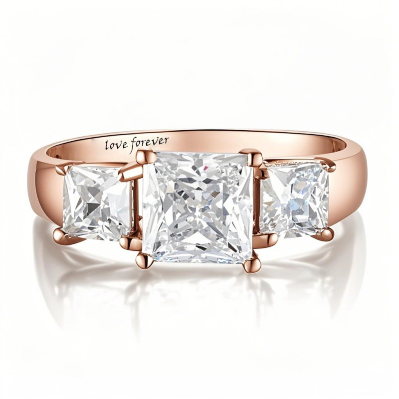 Anel de noivado quadrado de moissanite em forma de corte princesa em ouro rosa 10K com palavra gravada-1