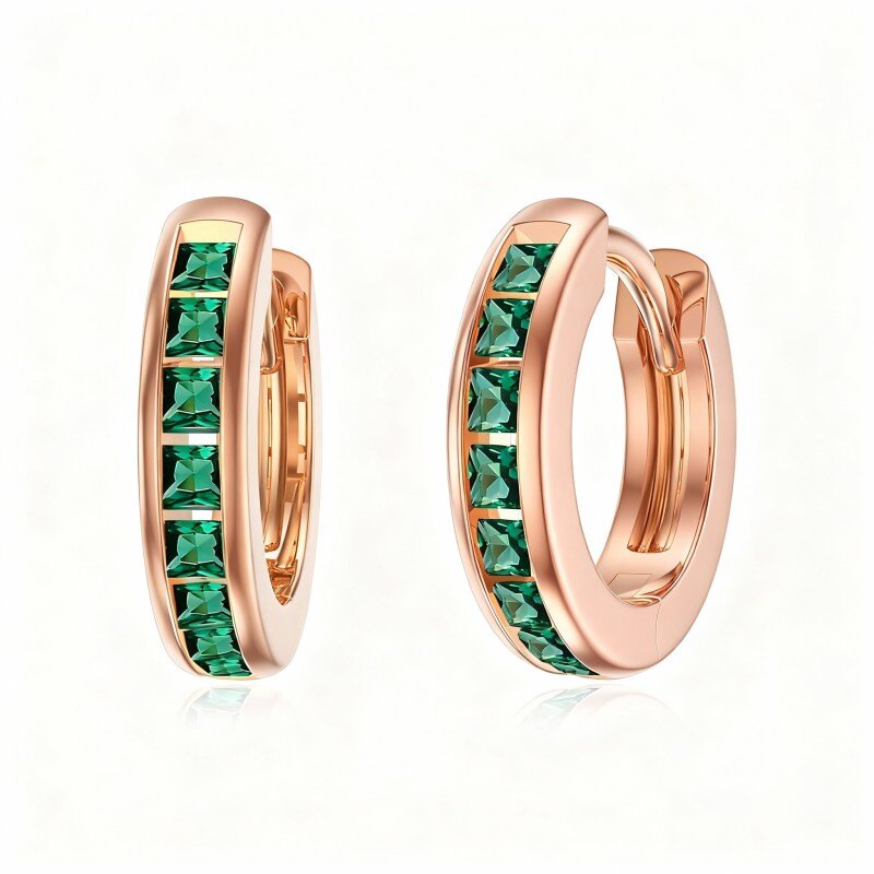 10K Rose Gold Princess Cut Cubic Zirconia Square Hoop Earrings-1