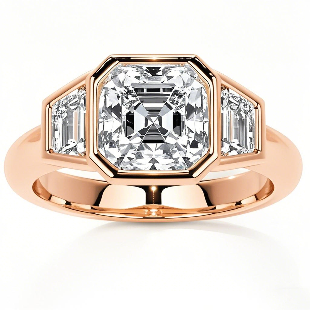 Anillo de compromiso de moissanita de tres piedras con corte princesa en oro rosa de 18 quilates-1