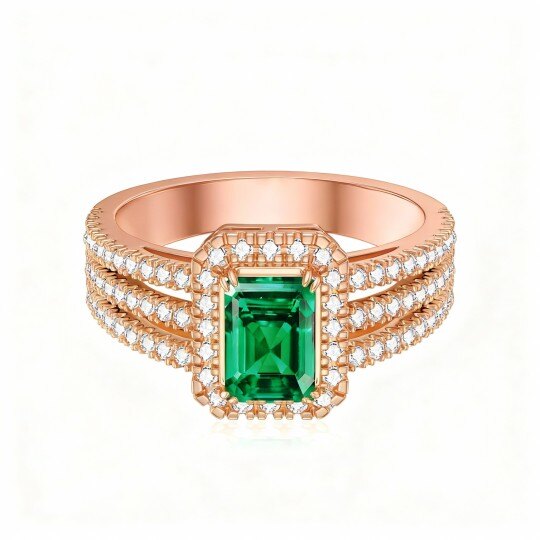 10K Rose Gold Princess-square Shaped Diamond & Emerald Custom Wedding Ring