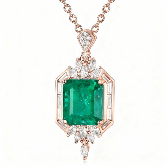 10K Rose Gold Princess-square Shaped Diamond & Emerald Square Pendant Necklace