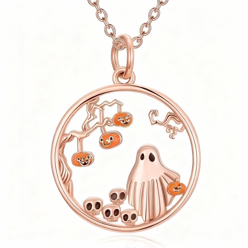 10K Rose Gold Pumpkin & Round & Skull & Ghost Pendant Necklace-4