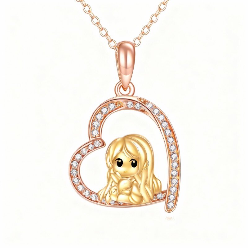 Collana con ciondolo a forma di coniglio e cuore in oro rosa 18 carati con zirconi cubici-1