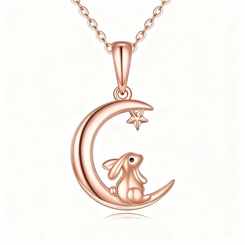 10K Rose Gold Rabbit & Moon Pendant Necklace-1