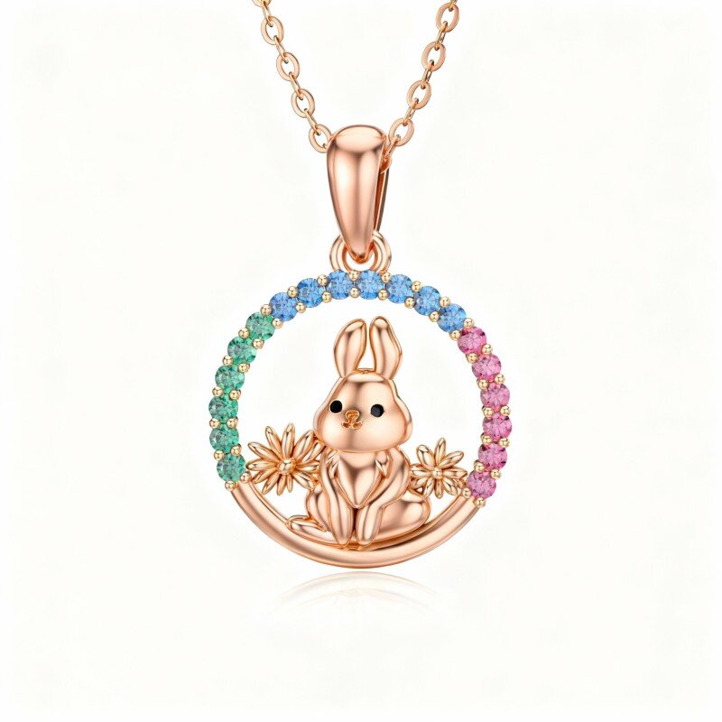 10K Rose Gold Cubic Zirconia Rabbit Pendant Necklace-1