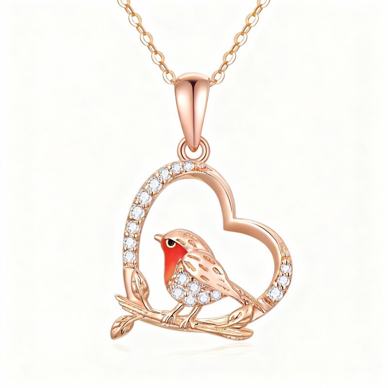 9K Rose Gold Cubic Zirconia Robbin & Heart Pendant Necklace-1