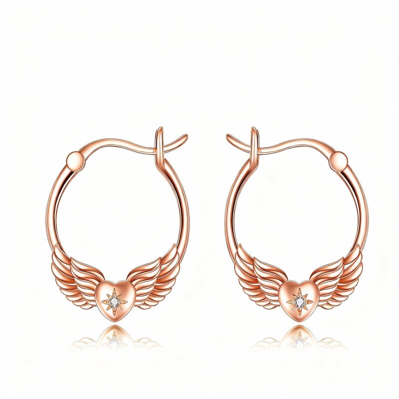 18K Rose Gold Round Cut Cubic Zirconia Angel Wing Drop Earrings-1