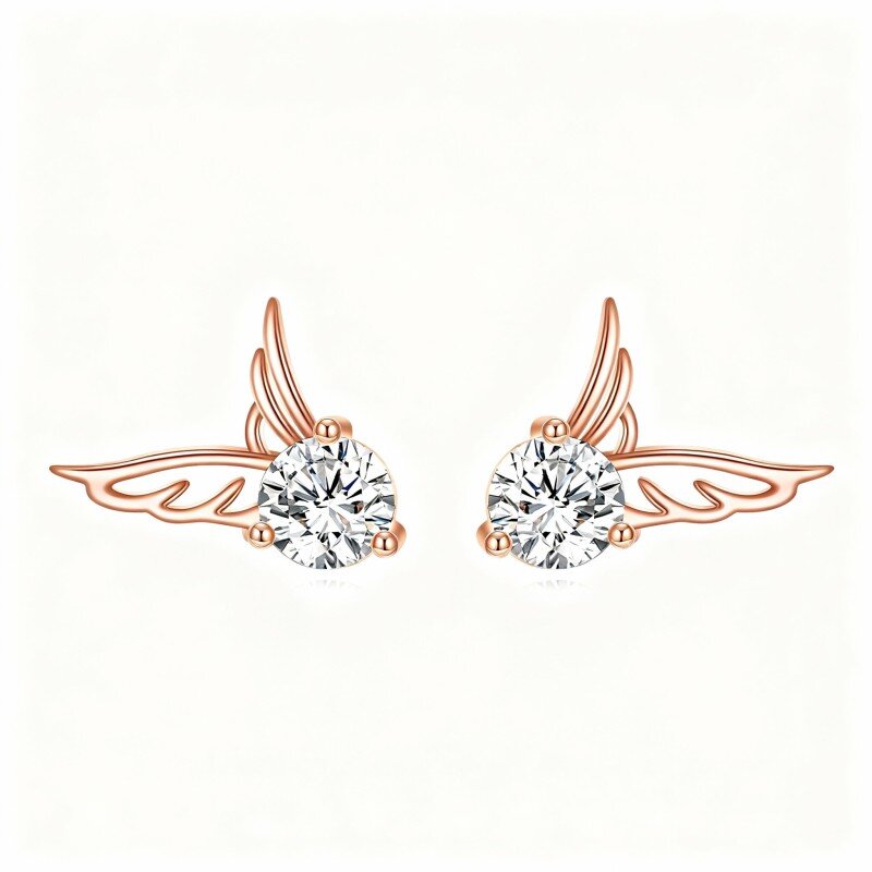 14K Rose Gold Round Cut Cubic Zirconia Angel Wing Stud Earrings-1