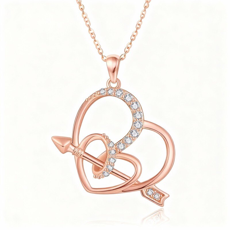 14Kローズゴールド ラウンドカット キュービックジルコニア アロー＆ハート ペンダントネックレス-1