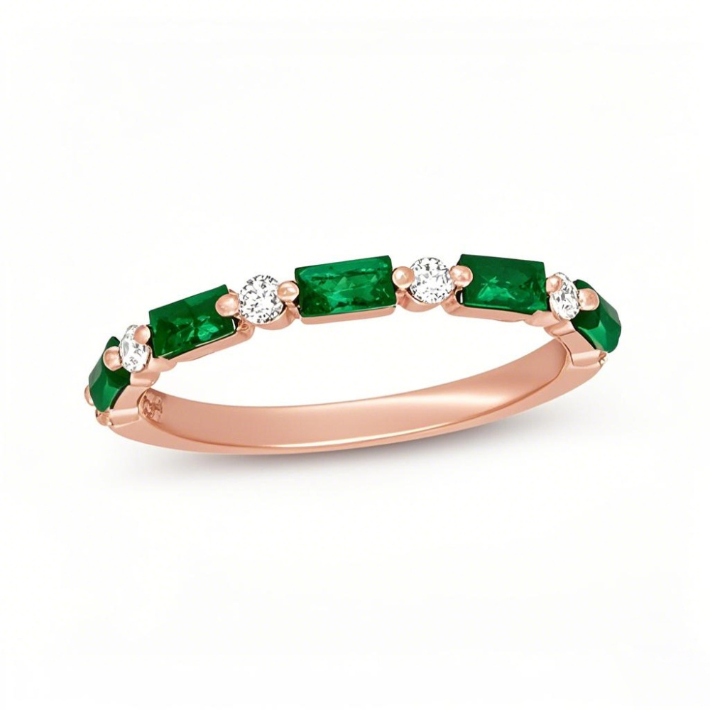 14K Rose Gold Round Cut & Baguette Diamond & Emerald Custom Stackable Ring I Color I1 Clarity 3EX IGI Certified-1