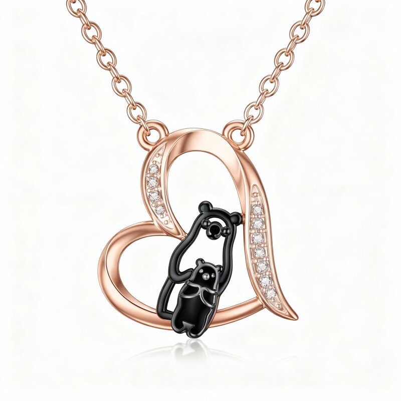 9K Rose Gold Round Cut Cubic Zirconia Bear & Heart Pendant Necklace-4