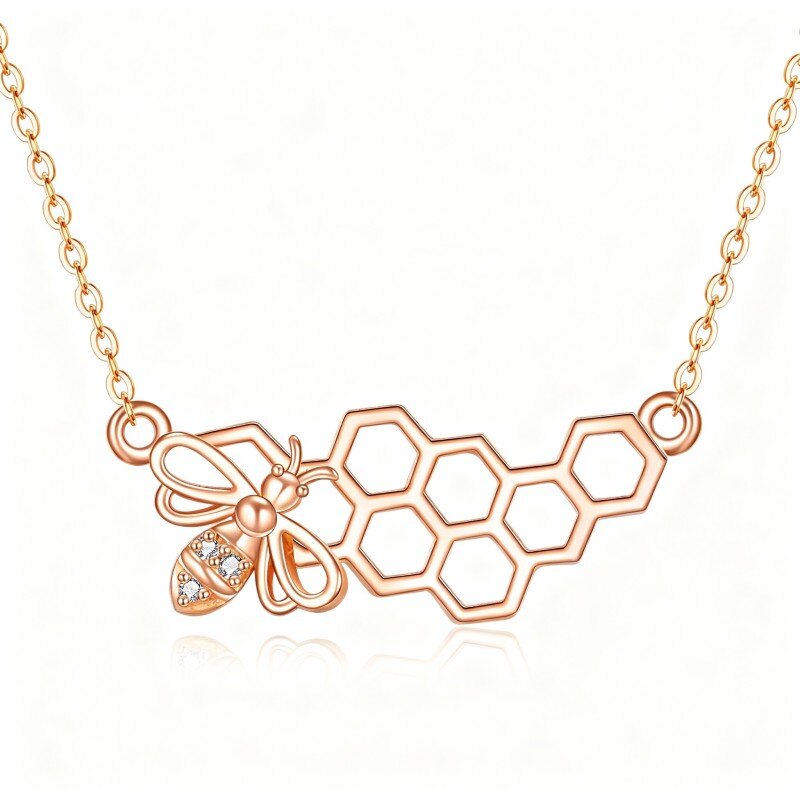 Halskette aus 10-karätigem Roségold mit rundem Zirkonia-Bienenanhänger-1