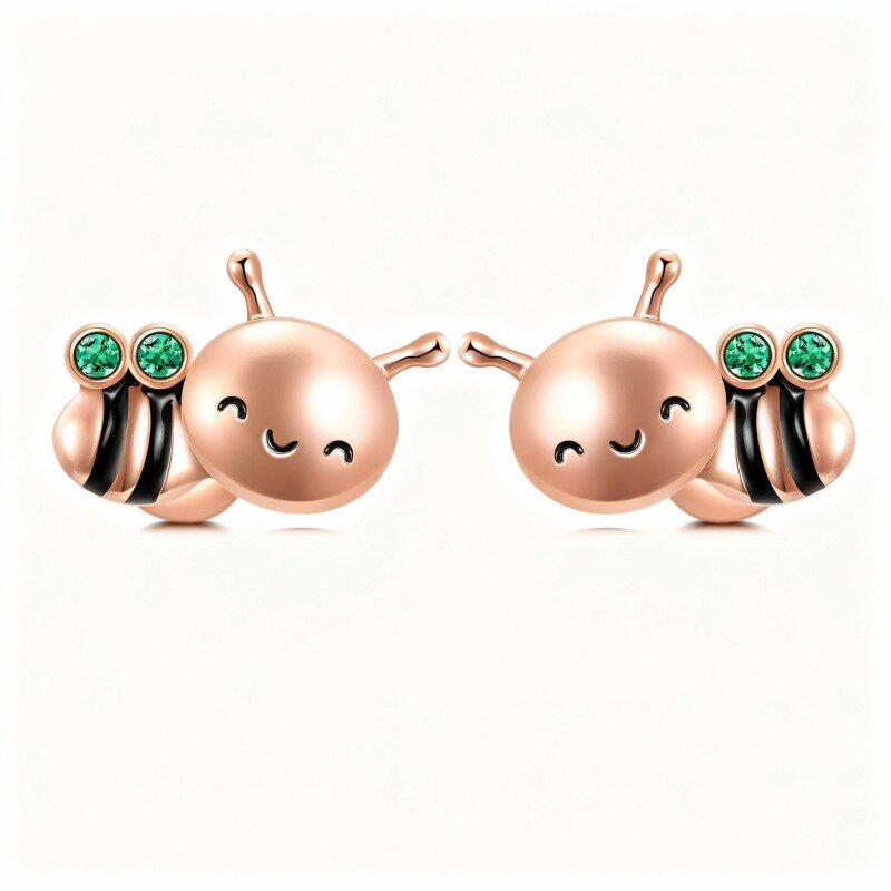 10K Rose Gold Round Cut Cubic Zirconia Bee Stud Earrings-1
