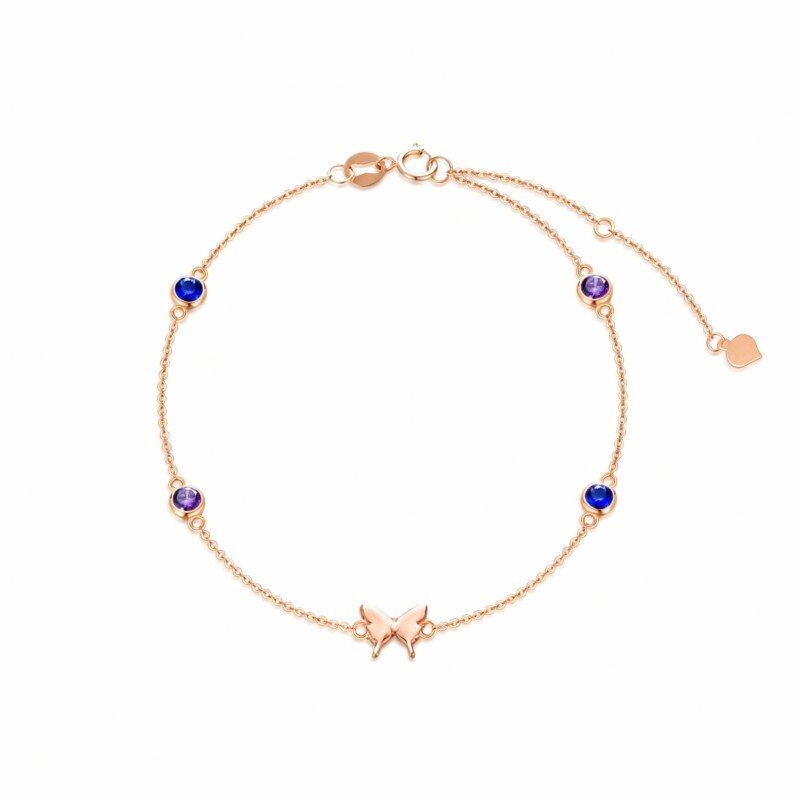 14K Rose Gold Round Cut Cubic Zirconia Butterfly Charm Bracelet-1