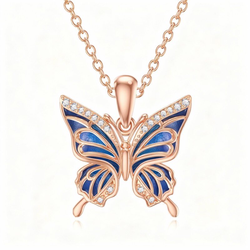 Collier pendentif papillon en or rose 14 carats avec zircon cubique taille ronde-1