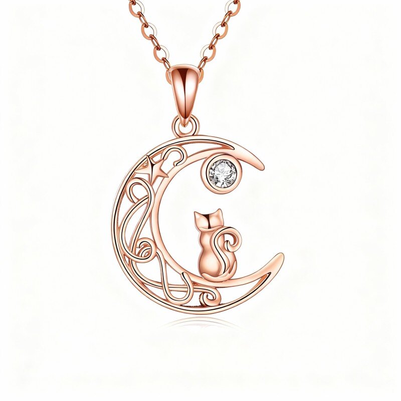 18K Rose Gold Round Cut Cubic Zirconia Cat & Moon Pendant Necklace-1