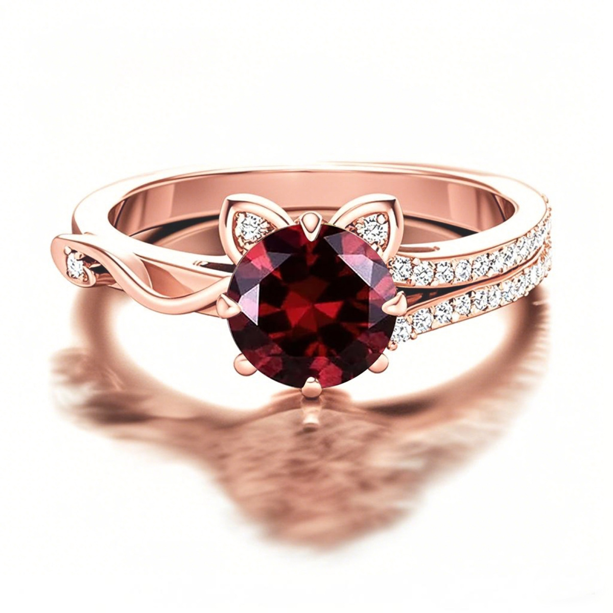 Anillo de oro rosa de 18 quilates con forma de gato de corte redondo y piedras preciosas-1