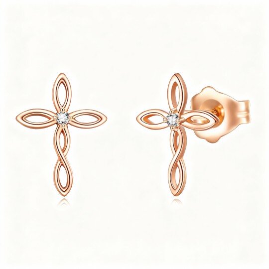 10K Rose Gold Round Cut Cubic Zirconia Celtic Knot & Cross Drop Earrings