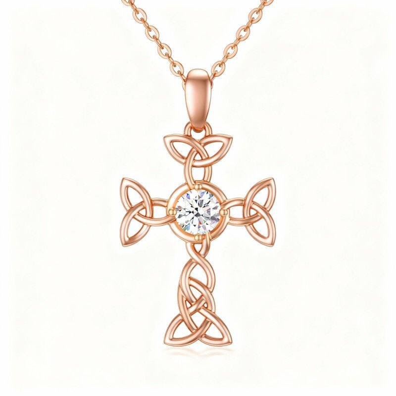 10K Rose Gold Round Cut Cubic Zirconia Celtic Knot & Cross Pendant Necklace-1