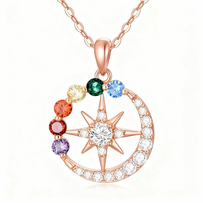 Halskette aus 10-karätigem Roségold mit runden Zirkonia-Steinen, Chakra-, Mond- und Sonnenanhänger-1