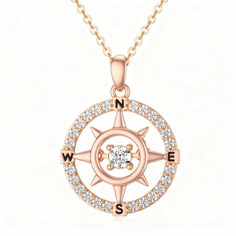 18K Rose Gold Round Cut Cubic Zirconia Compass Pendant Necklace with Initial Letter E & with Initial Letter N & with Initial Letter S & with Initial Letter W-1