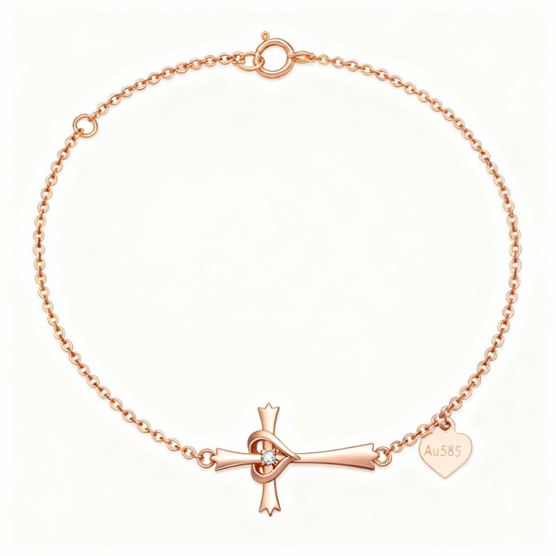 10K Rose Gold Round Cut Cubic Zirconia Cross & Heart Charm Bracelet-1