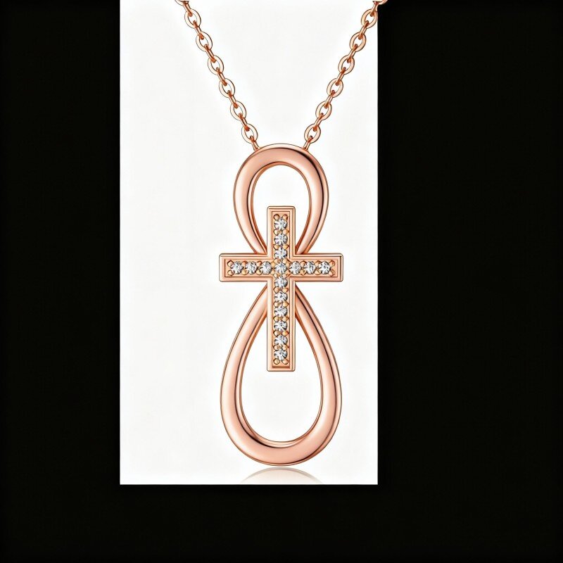 Colar com pendente de cruz e símbolo do infinito em ouro rosa 14K com zircónias cúbicas de corte redondo-1