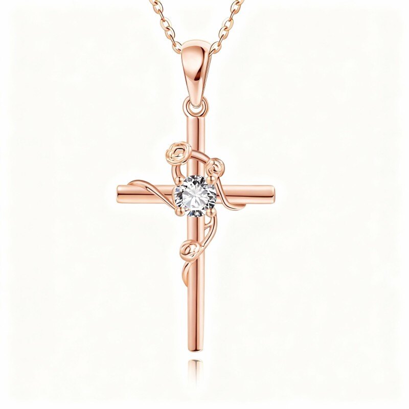 Collier pendentif rose et croix en or rose 10 carats avec zircon cubique taille ronde-1