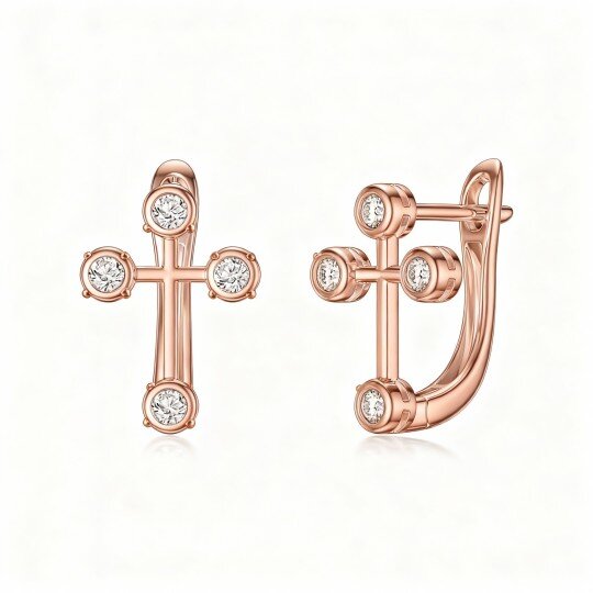10K Rose Gold Round Cut Cubic Zirconia Cross Stud Earrings
