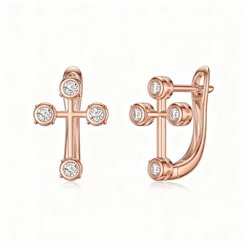 10K Rose Gold Round Cut Cubic Zirconia Cross Stud Earrings-11