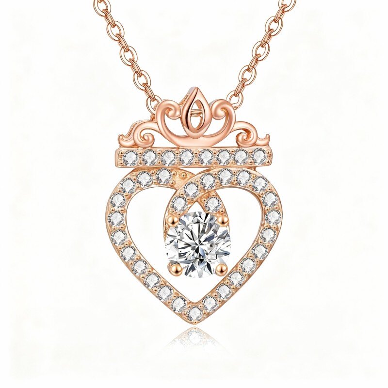 10K Rose Gold Round Cut Cubic Zirconia Crown & Heart Pendant Necklace-1