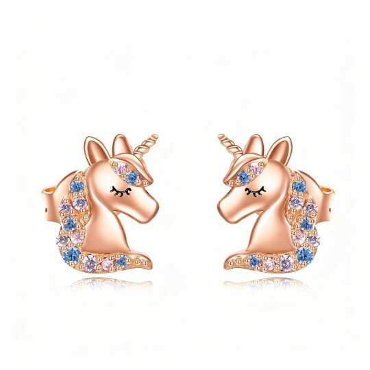 10K Rose Gold Round Cut Crystal Unicorn Stud Earrings