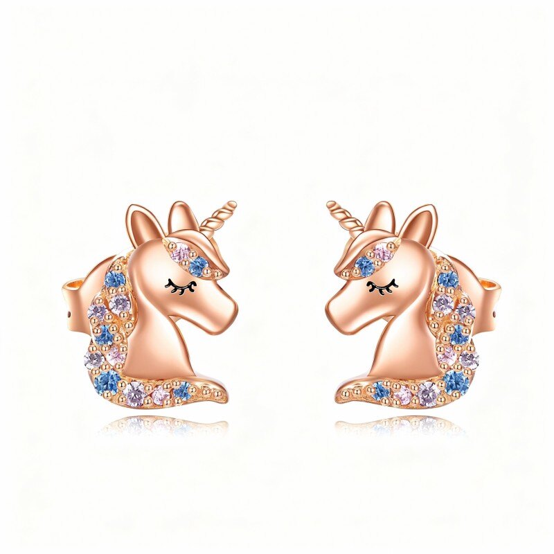 Pendientes de unicornio con cristal de talla redonda en oro rosa de 14 quilates-1