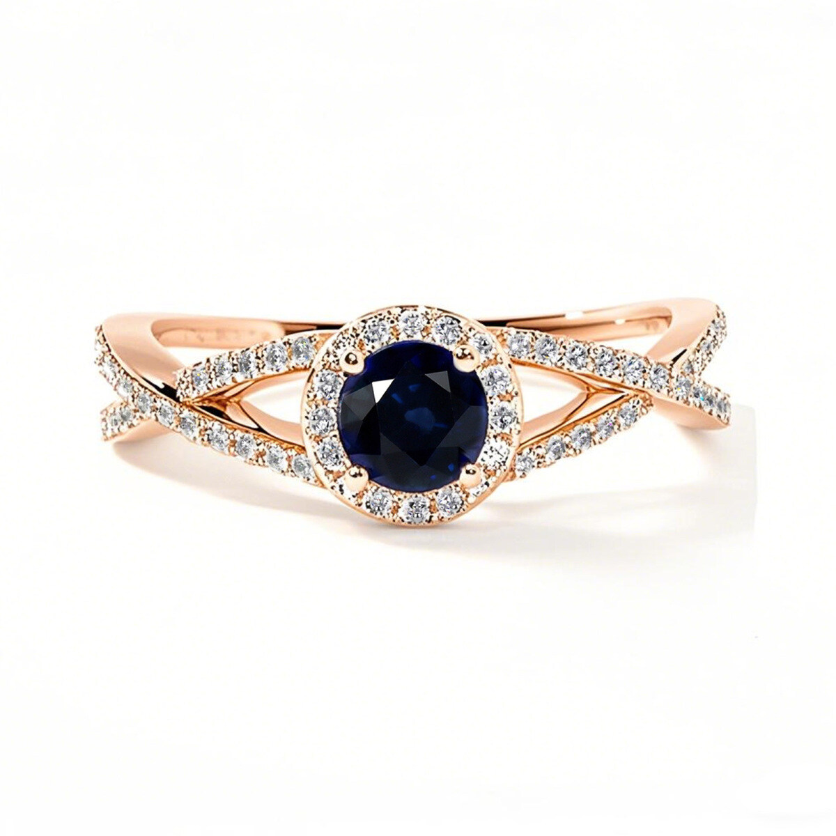 Anillo de compromiso con símbolo de infinito personalizado de corte redondo en oro rosa de 14 quilates y gemas para aniversario.-1