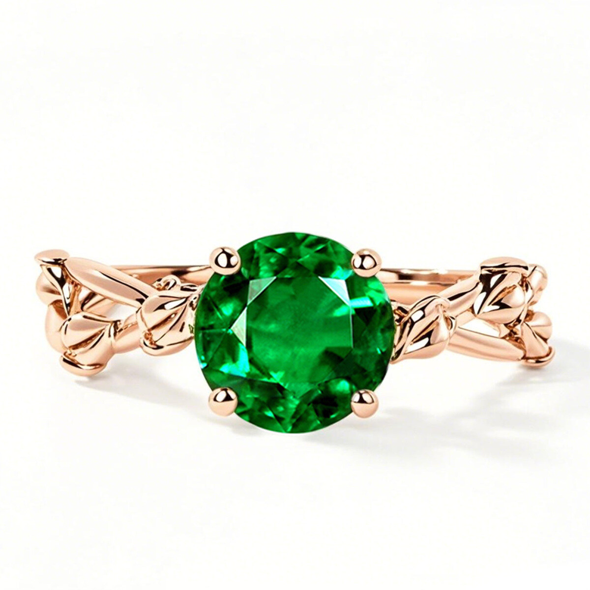 Alliance de fiançailles en or rose 18 carats avec émeraude taille ronde personnalisable-1
