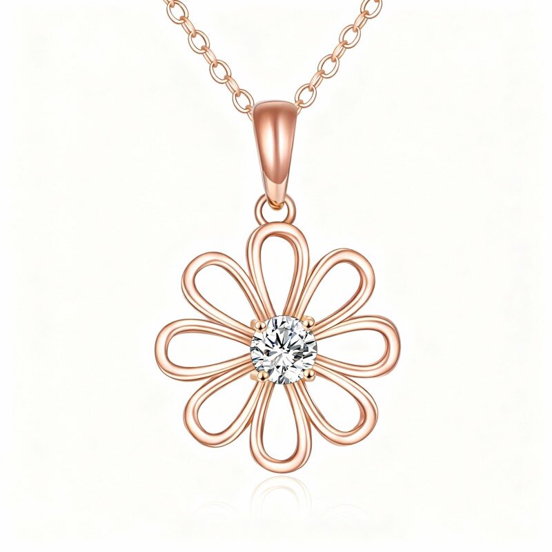 Colar com pendente de margarida em ouro rosa 10K com zircónia cúbica de corte redondo-1