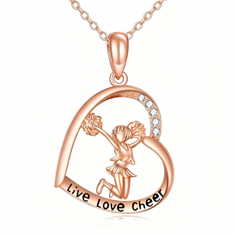 Collar con colgante de niña bailando y corazón en oro rosa de 18 quilates con circonitas cúbicas de corte redondo-1